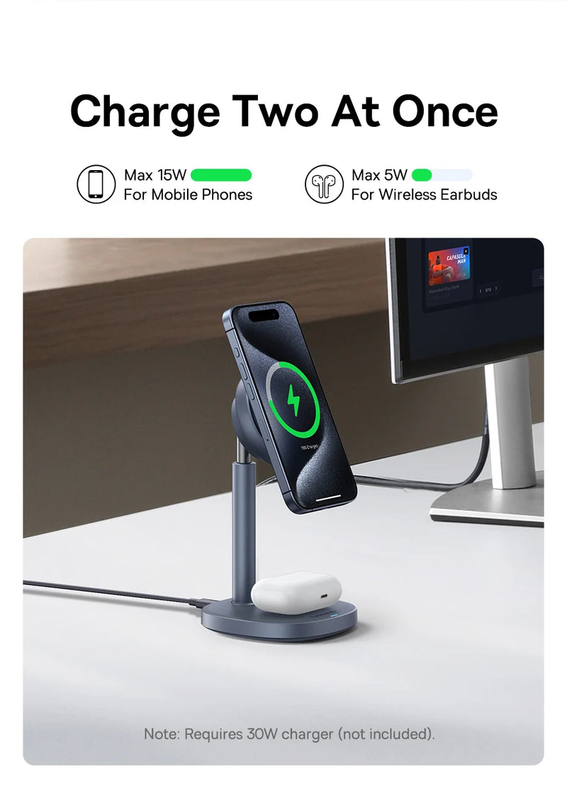 Baseus Qi2 15W Magnetic Wireless Charger 20W 2-in-1 Phone Earphone Wireless Charging Stand For iPhone 12 13 14 15  AirPods Pro