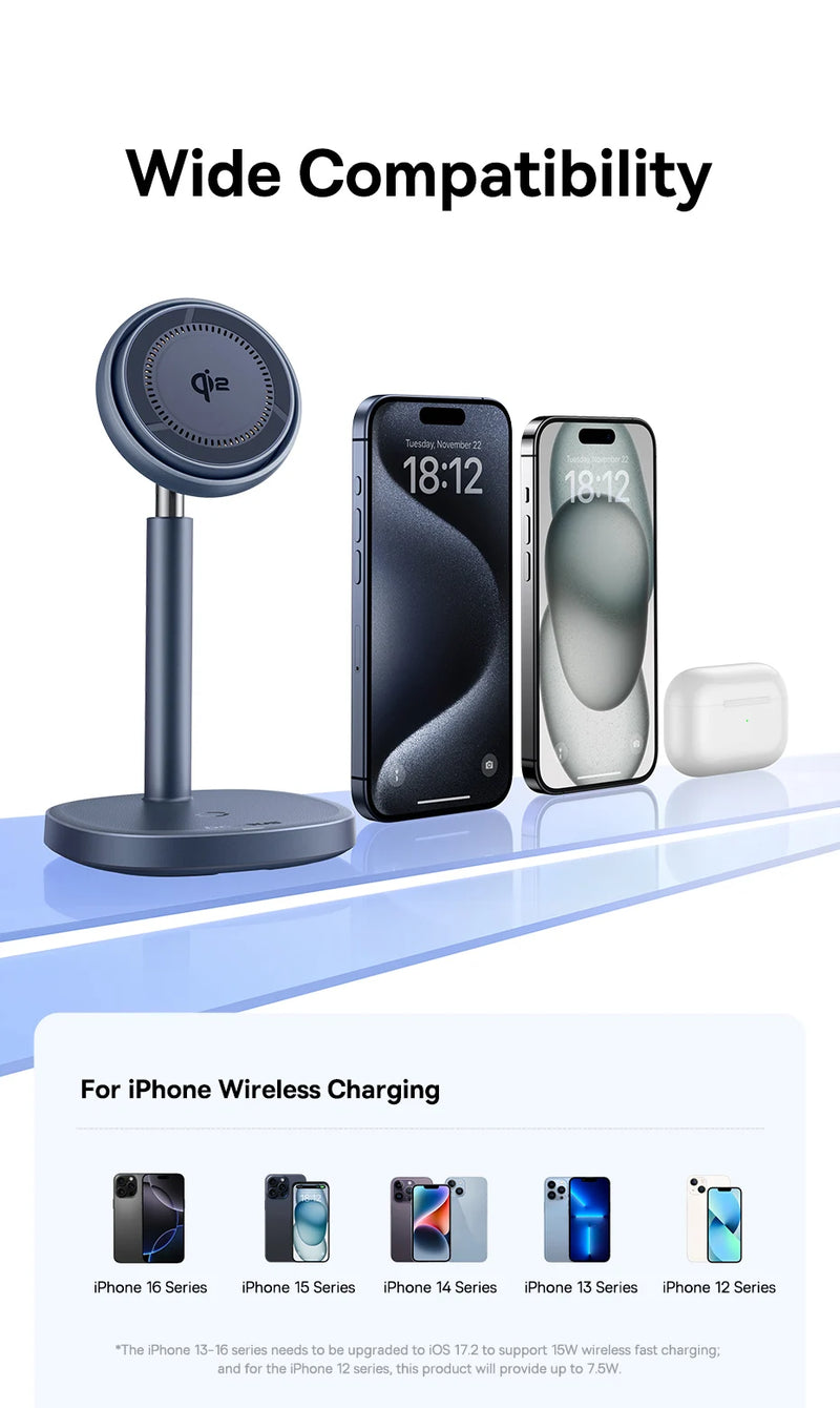 Baseus Qi2 15W Magnetic Wireless Charger 20W 2-in-1 Phone Earphone Wireless Charging Stand For iPhone 12 13 14 15  AirPods Pro