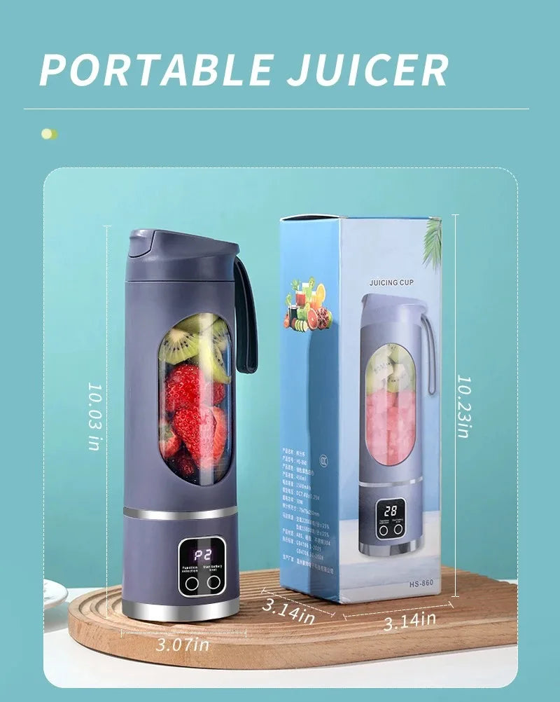 10 Blades Portable Fruit Juicer 450ml Capacity 3 Gears USB Rechargeable Blender Ice Crusher for Shakes and Smoothies Juicer Cup