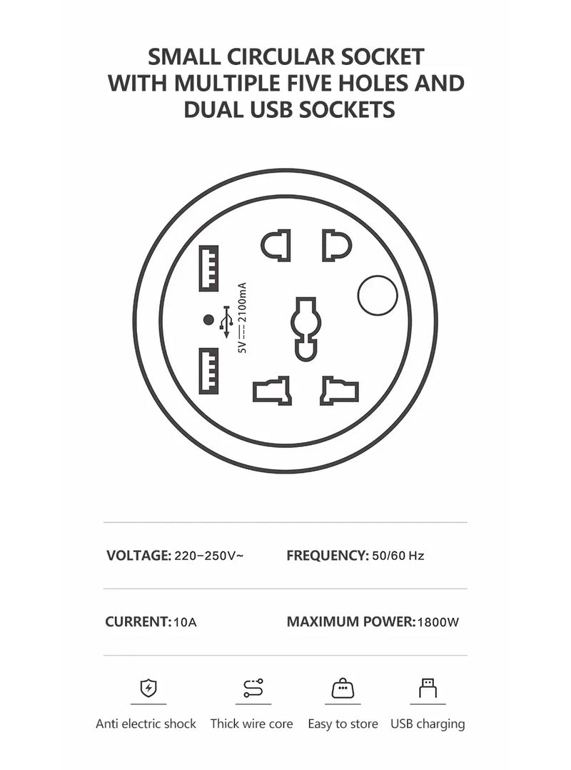 Travel Adapter Socket , EU Plug, Multifunctional 10A Socket with USB Power Portable Outlet with Cable 1.5m