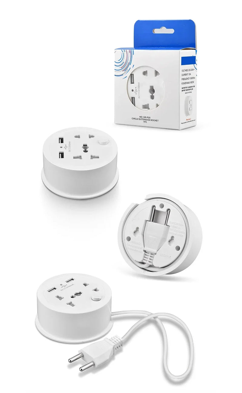 Travel Adapter Socket , EU Plug, Multifunctional 10A Socket with USB Power Portable Outlet with Cable 1.5m