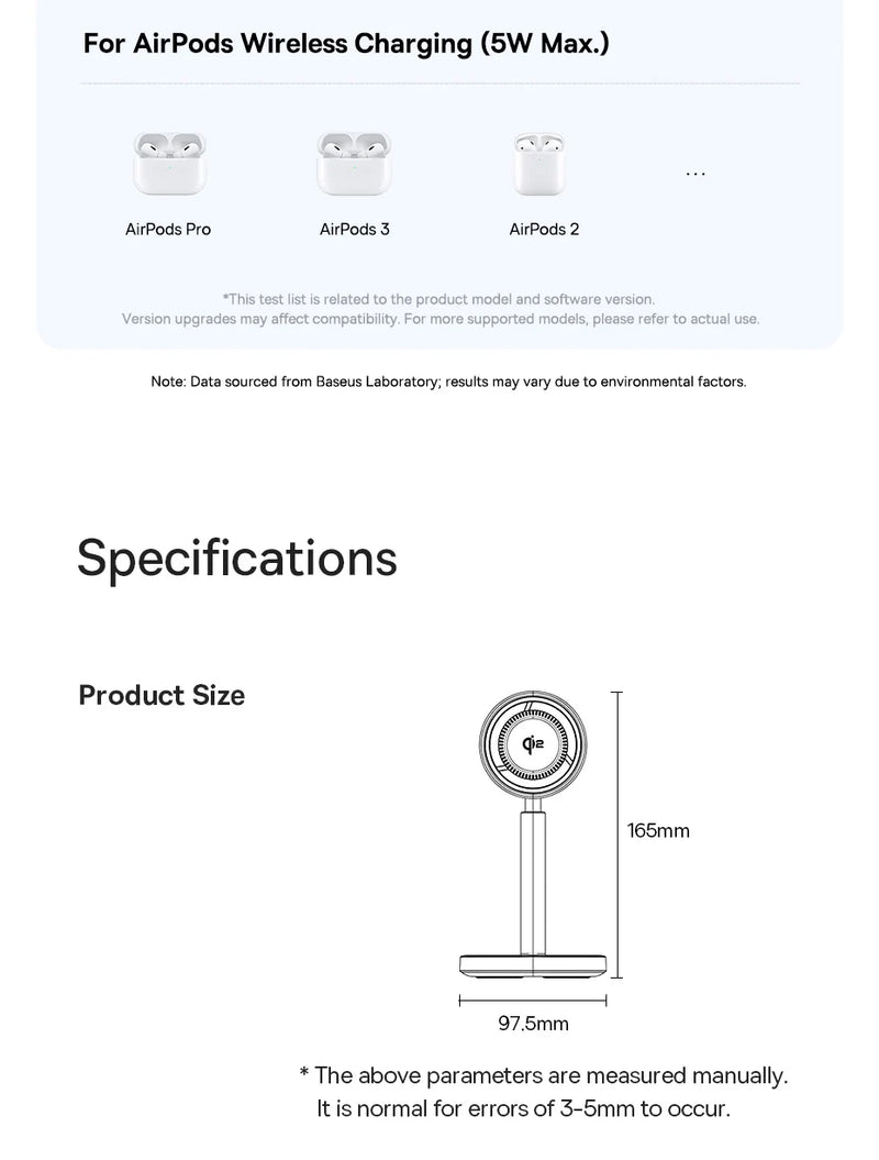 Baseus Qi2 15W Magnetic Wireless Charger 20W 2-in-1 Phone Earphone Wireless Charging Stand For iPhone 12 13 14 15  AirPods Pro