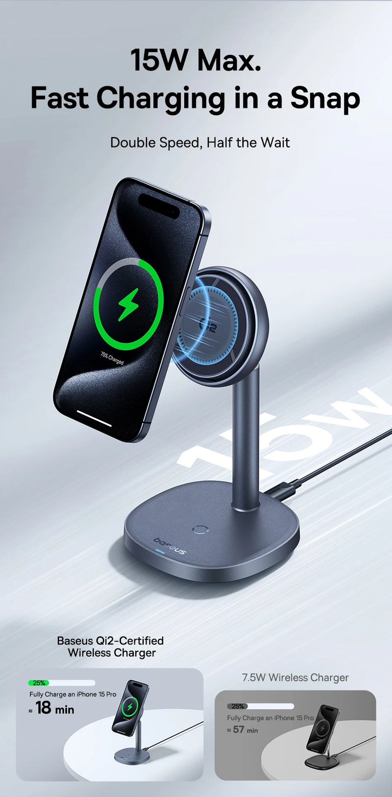 Baseus Qi2 15W Magnetic Wireless Charger 20W 2-in-1 Phone Earphone Wireless Charging Stand For iPhone 12 13 14 15  AirPods Pro